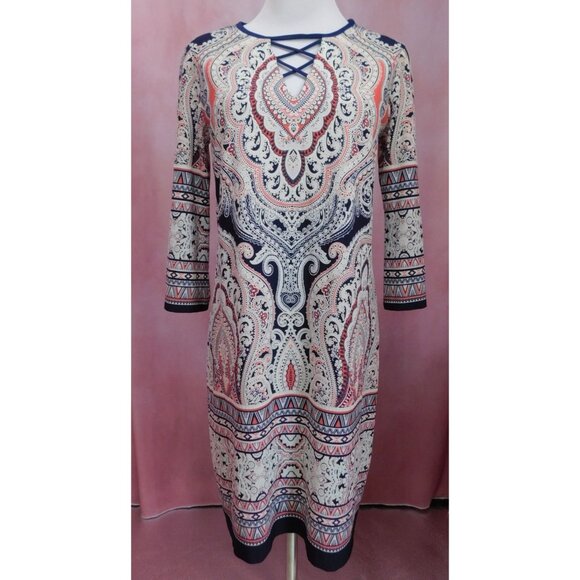 Roz & Ali Women's Paisley Print Dress Size 4 Boho Textured 3/4 Sleeve - Picture 1 of 10
